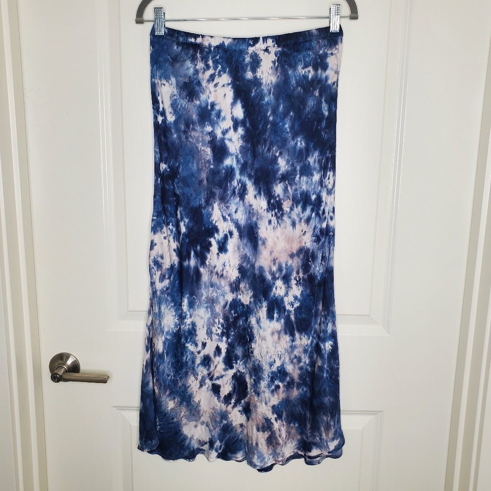 Young Fabulous & Broke Felicity Blue Tie Dye Print Satin Midi Skirt - Picture 6 of 9
